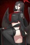  1girl black_gloves black_hair black_shirt black_skirt black_wings blue_archive blush breasts clothes_lift feathered_wings garter_straps gloves grin hair_between_eyes hair_over_one_eye hasumi_(blue_archive) highres jorin large_breasts long_hair long_sleeves looking_at_viewer midriff navel neckerchief pleated_skirt red_background red_eyes sailor_collar school_uniform shirt skindentation skirt skirt_lift smile solo thighhighs thighs very_long_hair wings 