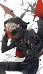  1boy alternate_costume bags_under_eyes black_gloves bullet ear_piercing gloves grey_hair gun highres holding holding_gun holding_weapon hood hood_up kiragera kuzuha_(nijisanji) long_sleeves looking_at_viewer male_focus mask mole mole_under_eye nijisanji piercing red_eyes short_hair smile solo thigh_strap vampire virtual_youtuber weapon 