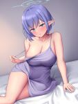  1girl aoi_(blue_archive) bare_arms bare_shoulders blue_archive blue_eyes blue_hair blush breasts cleavage closed_mouth collarbone halo highres large_breasts looking_at_viewer melopun mole mole_under_eye multiple_views pointy_ears revision short_hair sitting thighs 