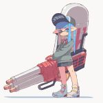  1girl baseball_cap black_headwear black_skirt blue_eyes blue_hair blunt_bangs closed_mouth full_body grey_background hat holding holding_weapon hydra_splatling_(splatoon) inkling inkling_girl long_hair long_sleeves looking_at_viewer pleated_skirt pointy_ears shimazaki1152 shoes simple_background skirt solo splatoon_(series) standing tentacle_hair weapon 