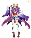  1girl belt blue_eyes boots brown_belt brown_footwear cross-laced_footwear denim denim_shorts english_commentary entei_ryu feathers goggles goggles_on_headwear highres humanization jewelry lace-up_boots necklace purple_feathers short_shorts shorts sketch smile solo sonic_(series) sonic_riders thighhighs wave_the_swallow white_background white_headwear white_thighhighs wide_sleeves 
