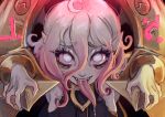  1girl absurdres ahoge artist_name briar_(league_of_legends) chained_wrists colored_sclera grey_eyes grey_hair hair_between_eyes hands_up hexyraart highres league_of_legends long_tongue looking_at_viewer pink_hair pink_sclera pointy_ears sharp_teeth signature smile solo teeth tongue tongue_out upper_teeth_only 