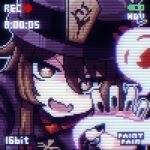  1girl :d artist_name black_headwear black_nails boo_tao_(genshin_impact) brown_hair fang genshin_impact ghost ghost_pose hat hu_tao_(genshin_impact) jewelry looking_at_viewer paintpain pixel_art porkpie_hat ring skin_fang smile solo symbol-shaped_pupils thumb_ring viewfinder 