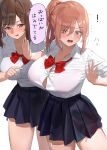  ! 2girls black_skirt bow bowtie bra bra_visible_through_clothes breasts brown_hair button_gap collarbone kaisen_chuui large_breasts multiple_girls open_mouth orange_hair original pink_bra pleated_skirt red_bow red_bowtie school_uniform shirt simple_background skirt speech_bubble standing thighs translation_request underwear white_background white_shirt 