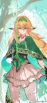  1girl artist_name blonde_hair cape commentary_request day ear_covers elf fantasy gloves gold_trim green_cape green_eyes green_gloves green_hairband hair_between_eyes hairband highres holding holding_sword holding_weapon looking_at_viewer nagasawa_tougo original outdoors pantyhose pointy_ears solo standing sword transparent_weapon tree weapon white_pantyhose 