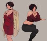  1girl ada_wong asian belly black_hair bob_cut breasts brown_eyes cleavage curtained_hair dress glacier_clear highres large_breasts looking_at_viewer navel plump red_dress red_lips resident_evil resident_evil_2 resident_evil_2_(remake) short_hair solo thick_thighs thighs 