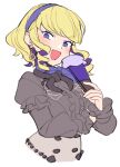  1girl blonde_hair center_frills colored_inner_hair constance_von_nuvelle do_m_kaeru earrings fire_emblem fire_emblem:_three_houses frills garreg_mach_monastery_uniform hairband hand_fan holding holding_fan jewelry juliet_sleeves long_sleeves looking_at_viewer multicolored_hair open_mouth puffy_sleeves purple_eyes purple_hair purple_hairband short_hair simple_background smile solo two-tone_hair uniform white_background 