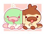  2others :3 animal animal_focus blush brown_fur chibi green_fur grindzone multiple_others open_mouth original pink_background platypus sitting tongue tongue_out 