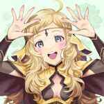  1girl ahoge arms_up blonde_hair circlet commentary_request facing_viewer fire_emblem fire_emblem_fates grey_eyes looking_at_viewer mojakkoro open_mouth ophelia_(fire_emblem) smile solo swept_bangs teeth turtleneck upper_body upper_teeth_only 