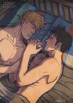  2boys bad_id bad_tumblr_id bara black_hair blonde_hair couple covering cris_art holding_hands hulkling interlocked_fingers long_sideburns lying male_focus marvel multiple_boys nipples nude_cover on_bed on_side pectorals pillow shadow short_hair sideburns sunlight thick_eyebrows toned toned_male wiccan yaoi 