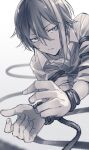  1boy asymmetrical_bangs bound bound_wrists closed_mouth collared_shirt fingernails greyscale hair_between_eyes highres kamishiro_rui kuuu_ilst looking_at_viewer male_focus monochrome multicolored_hair project_sekai rope shirt short_hair solo streaked_hair tied_up_(nonsexual) two-tone_hair upper_body 