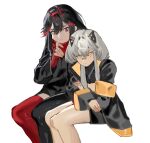  2girls asymmetrical_legwear bandaid bandaid_on_face bandaid_on_nose bare_legs black_hair black_horns black_jacket black_pantyhose black_shirt crossed_arms english_commentary fake_horns fingernails gloves grey_hair hair_between_eyes hand_on_own_face highres horns jacket karenina:_blast_(punishing:_gray_raven) karenina_(punishing:_gray_raven) long_hair long_sleeves lucia:_lotus_(punishing:_gray_raven) lucia_(punishing:_gray_raven) multicolored_hair multiple_girls orange_eyes orange_jacket pantyhose parted_lips punishing:_gray_raven red_eyes red_gloves red_hair red_horns red_scarf red_thighhighs scarf shirt short_hair_with_long_locks sidelocks single_leg_pantyhose single_thighhigh sitting streaked_hair thighhighs white_background yongsadragon 