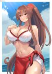  1girl beach border breasts brown_eyes brown_hair cleavage collarbone day flower hair_flower hair_intakes hair_ornament highres kantai_collection large_breasts long_hair looking_at_viewer navel one-hour_drawing_challenge outdoors outside_border ponytail red_sarong sarong shiromaru_(maniado) sidelocks smile solo very_long_hair white_border yamato_(kancolle) 