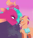  aztrial bag blaize_skysong_(mlp) blue_eyes blush compression_artifacts dragon duo earth_pony equid equine eyebrows fangs female fur hair hasbro horse mammal multicolored_hair my_little_pony orange_body orange_fur pony purple_body purple_hair purple_scales scales shoulder_bag teal_hair teeth 