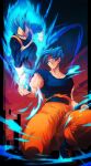 2boys armor artist_name aura biceps black_border blue_bodysuit blue_eyes blue_footwear blue_hair blue_shirt blue_wristband bodysuit boots border closed_mouth collarbone dougi dragon_ball dragon_ball_super energy gloves hand_up looking_at_another male_focus multiple_boys muscular muscular_male ommmyoh on_one_knee orange_pants pants saiyan_armor shirt short_sleeves signature smile smirk son_goku spiked_hair super_saiyan super_saiyan_blue torn_clothes twitter_username v-shaped_eyebrows vegeta white_gloves widow&#039;s_peak wristband 