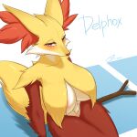  anthro areola areola_slip big_breasts blush breasts canid coolryong delphox female fur generation_6_pokemon hi_res inner_ear_fluff looking_at_viewer mammal multicolored_body multicolored_fur narrowed_eyes nintendo nude pokemon pokemon_(species) red_body red_fur sitting solo stick tuft yellow_body yellow_fur 
