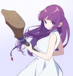  1girl aiming aiming_at_viewer bare_arms bare_shoulders blunt_bangs breasts bright_pupils commentary dress expressionless fern_(sousou_no_frieren) from_side gradient_background highres hime_cut holding holding_staff holding_stick large_breasts long_hair looking_at_viewer open_mouth parted_lips purple_background purple_eyes purple_hair shimizu_tomoki sleeveless sleeveless_dress solo sousou_no_frieren staff stick upper_body white_background white_dress 