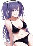  1girl absurdres bare_arms bare_legs bare_shoulders bazz000033 bikini black_bikini blue_archive blush breasts collarbone halo highres large_breasts long_hair looking_at_viewer navel open_mouth purple_eyes purple_hair simple_background smile solo swimsuit two_side_up white_background yuuka_(blue_archive) 