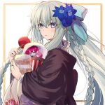  1girl blue_bow blue_eyes blue_flower blush bow braid candy_apple character_print closed_mouth commentary_request fairy_knight_tristan_(fate) fate/grand_order fate_(series) floral_print flower food grey_hair hair_bow hair_flower hair_ornament highres holding holding_food japanese_clothes kimono long_hair looking_at_viewer morgan_le_fay_(fate) neko_daruma official_alternate_costume ponytail solo twin_braids very_long_hair 