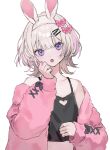  1girl animal_ears black_bow black_shirt blue_eyes bow clothing_cutout crop_top fake_animal_ears hair_bow heart_cutout jacket looking_at_viewer open_mouth original pink_bow pink_jacket shirt shugao solo white_background white_hair 