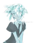  1other androgynous black_jacket black_necktie blue_eyes blue_hair colored_eyelashes colored_skin crystal_hair expressionless gem_uniform_(houseki_no_kuni) gradient_eyes houseki_no_kuni jacket looking_at_viewer multicolored_eyes necktie phosphophyllite puffy_short_sleeves puffy_sleeves shadow shirt short_sleeves signature sketch toooka translucent_hair upper_body white_shirt white_skin 