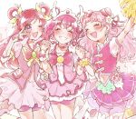  3girls bike_shorts bike_shorts_under_skirt blush bow brooch butterfly_brooch choker closed_eyes clover_earrings cone_hair_bun cure_dream cure_happy cure_yell earrings flower hair_bun hair_ornament hair_ribbon head_wings heart heart_hair_ornament heart_pouch holding_hands hoshizora_miyuki hugtto!_precure jewelry layered_skirt long_hair looking_at_viewer magical_girl multiple_girls nono_hana one_eye_closed open_mouth pink_bow pink_choker pink_eyes pink_hair pink_shorts pink_skirt pink_theme pom_pom_(cheerleading) precure ribbon shortcake_p shorts shorts_under_skirt skirt smile smile_precure! thick_eyelashes tiara twintails v white_background wings wrist_cuffs yes!_precure_5 yes!_precure_5_gogo! yumehara_nozomi 