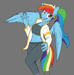 5_fingers abs anthro bottomwear clothing colored_sketch ear_piercing ear_ring equid equine female fingers friendship_is_magic gesture hair hasbro hi_res horse jacket looking_at_viewer mammal multicolored_hair my_little_pony nudeknightart open_mouth open_smile pants pegasus piercing pony rainbow_dash_(mlp) rainbow_hair red_eyes ring_piercing simple_background sketch smile solo topwear waving wings 