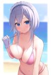  1girl beach bikini blue_eyes blurry blurry_background blush breasts closed_mouth collarbone commentary_request day gloves highres himeji_shirayuki honyuuruinomoto large_breasts liar_liar looking_at_viewer maid_headdress navel ocean outdoors pink_bikini sidelocks smile solo stomach strap_pull swimsuit white_gloves white_hair 