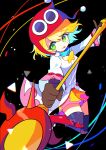  1girl absurdres amitie_(puyopuyo) black_background blonde_hair blush_stickers bright_pupils brown_gloves coat fighting_stance gloves green_eyes highres holding holding_staff offbeat puyopuyo puyopuyo_fever red_amitie red_headwear shorts smile solo staff tongue tongue_out white_coat white_pupils yellow_shorts 