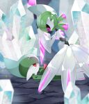  1boy 1girl ariumu bangs black_sclera black_skin blue_hair blurry blurry_background blurry_foreground closed_mouth colored_sclera colored_skin commentary_request defeat double-blade eye_contact from_side full_body gallade glowing glowing_weapon green_hair green_skin grey_hair hands_up highres humanoid_robot iron_valiant kneeling looking_at_another looking_down looking_up lying medium_hair mohawk multicolored_hair multicolored_skin on_back on_ground pink_eyes pixel_eyes pokemon pokemon_(creature) red_eyes red_hair robot robot_girl short_hair twintails two-tone_hair two-tone_skin weapon white_gemstone white_skin 