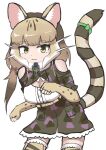  1girl animal_ears camouflage cat_ears cat_girl cat_tail elbow_gloves extra_ears gloves grey_eyes grey_hair jungle_cat_(kemono_friends) kemono_friends kemono_friends_v_project kneehighs long_hair looking_at_viewer microphone ribbon shirt simple_background skirt socks solo tail virtual_youtuber wellwich 