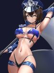  1girl absurdres arm_behind_head arm_strap arm_up armpits azur_lane baltimore_(azur_lane) baltimore_(finish_line_flagbearer)_(azur_lane) bikini black_background black_bikini black_gloves blue_bikini blue_headwear blue_jacket blue_shorts breasts brown_hair chest_harness choker cleavage closed_mouth collarbone commentary cowboy_shot cropped_jacket detached_sleeves flag gloves hair_between_eyes harness hat highleg highleg_bikini highres holding holding_pole jacket large_breasts looking_at_viewer maretto micro_shorts mismatched_bikini navel official_alternate_costume peaked_cap pole race_queen short_hair shorts sidelocks simple_background single_bare_shoulder single_detached_sleeve single_sleeve skindentation smile solo standing stomach swimsuit underboob yellow_eyes 