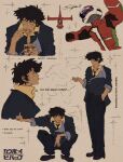  cigarette closed_eyes cowboy_bebop eating food helmet highres hunnismokah messy_hair noodles ramen shirt simple_background smile smoke smoking spacecraft spike_spiegel spiked_hair standing swordfish_ii variations yellow_shirt 