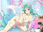  1girl animal_ears barefoot bashou_(senran_kagura) bell blush bow breasts cake cake_slice chain chocolate chocolate_cake cleavage cookie couch cup cupcake curtains cushion dessert fake_animal_ears floral_print food fruit gem gold_chain green_hair hair_bow hair_ornament heart heart_pillow icing indoors jingle_bell large_breasts lingerie long_hair looking_at_viewer macaron macaron_pillow mirror muffin neck_bell official_art on_couch open_mouth paw_pose picture_(object) picture_frame pillow pink_bow plate purple_eyes purple_gemstone senran_kagura senran_kagura_new_link senran_kagura_new_wave smile solo strawberry sweets tea teacup teapot thigh_strap tiered_tray underwear wallpaper_(object) wrist_cuffs yaegashi_nan 