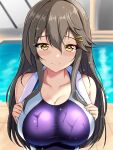  1girl black_hair blush brown_eyes competition_swimsuit hair_ornament hairband hairclip haruna_(kancolle) haruna_kai_ni_(kancolle) headgear highres indoors kantai_collection long_hair montemasa one-piece_swimsuit purple_one-piece_swimsuit smile solo swimsuit 