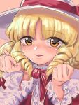  1girl blonde_hair blush buttons clenched_hands dress drill_hair elly_(touhou) frilled_sleeves frills gunnjou_yosio hat hat_ribbon highres looking_at_viewer open_mouth parted_bangs red_dress red_ribbon ribbon solo touhou touhou_(pc-98) white_headwear yellow_eyes 