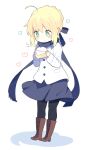  1girl 87banana ahoge artoria_pendragon_(fate) black_thighhighs blonde_hair blue_bow blue_skirt boots bow brown_footwear coat cross-laced_footwear eating fate/stay_night fate_(series) food green_eyes hair_bow heart holding holding_food lace-up_boots overcoat saber scarf skirt solo thighhighs 
