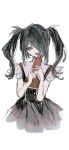  1girl absurdres ame-chan_(needy_girl_overdose) black_hair black_nails black_skirt collared_shirt commentary cropped_legs hair_over_one_eye hair_tie hands_up highres holding holding_phone long_hair looking_at_viewer monokage_(mattari_suru_go) multicolored_nails needy_girl_overdose open_mouth phone purple_eyes red_nails red_shirt shirt shirt_tucked_in simple_background skirt solo standing suspender_skirt suspenders symbol-only_commentary twintails white_background 