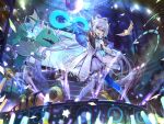  1girl asymmetrical_gloves asymmetrical_legwear bird blue_gloves blue_thighhighs boots breasts chinese_commentary concert csyday disco_ball dragon earpiece gloves glowstick green_eyes grey_hair hair_between_eyes hair_rings highres holding holding_microphone infinity_symbol knee_boots long_hair looking_at_viewer luo_tianyi medium_breasts microphone mismatched_gloves mismatched_legwear open_mouth outstretched_arm short_sleeves smile solo stage stage_lights standing teeth thighhighs uneven_gloves upper_teeth_only very_long_hair vocaloid vsinger white_footwear white_gloves white_thighhighs 