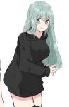  1girl alternate_costume berukuto_(berukuto_47) black_thighhighs commentary_request dress gradient_background grey_hair hood hooded_dress hooded_sweater kantai_collection leaning_forward smile solo suzuya_(kancolle) sweater sweater_dress thighhighs 