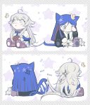  2girls ahoge anger_vein animal_ears aratsuta_(aoedou) blue_hair blush boned_meat bug butterfly cat_ears cat_girl cat_tail chibi food grey_eyes grey_hair highres kantai_collection long_hair long_sleeves meat multicolored_hair multiple_girls multiple_views one_eye_closed parted_lips red_hair simple_background sitting south_dakota_(kancolle) star_(symbol) tail very_long_hair washington_(kancolle) white_hair 