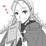  1girl book braid bridal_gauntlets capelet closed_mouth fire_emblem fire_emblem_fates fujoshi greyscale hairband heart holding holding_book hood hood_down hooded_capelet looking_at_viewer low_twin_braids monochrome nina_(fire_emblem) smile tomoaki_(coconon) twin_braids 