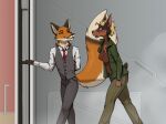  amputee anthro blonde_hair blush breasts brown_body brown_fur brown_nose canid canine canis clothed clothing comic digital_media_(artwork) disability dobermann domestic_dog duo female fox fur gewitter hair hi_res male mammal navel necktie pinscher shaded 
