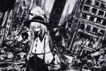  1girl blouse bow buttons closed_mouth diamond_button expressionless eyeball frilled_shirt_collar frilled_sleeves frills greyscale hat hat_bow hat_ribbon high_contrast komeiji_koishi long_hair long_sleeves monochrome post-apocalypse reverinth ribbon shirt skirt solo third_eye touhou wide_sleeves 