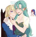  ... 3girls :d ;) ahoge alear_(female)_(fire_emblem) alear_(fire_emblem) aqua_hair black_choker blonde_hair blue_eyes blue_hair blue_jacket bow braid breasts chloe_(fire_emblem) choker cleavage commentary cup dress fire_emblem fire_emblem_engage fur-trimmed_jacket fur_trim green_dress green_eyes hair_bow highres holding holding_cup jacket jitome long_sleeves looking_at_another merrin_(fire_emblem) mug multicolored_hair multiple_girls one_eye_closed open_mouth orange_bow purple_shirt red_hair rice_(ricedonuts) shirt short_sleeves simple_background smile two-tone_hair upper_body white_background yuri 