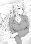  1girl blind breasts crossed_arms greyscale katawa_shoujo large_breasts long_hair long_sleeves looking_to_the_side messy_hair monochrome open_mouth pajamas pillow satou_lilly solo under_covers weee_(raemz) 