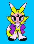  1girl animal_ears blonde_hair blue_background chest_tuft digimon dot_nose eyebrow_piercing eyeshadow facial_mark frown jinx88_(jinx) long_hair makeup personification piercing purple_eyeshadow purple_sleeves renamon simple_background sleeves_past_fingers sleeves_past_wrists solo yin_yang 