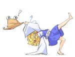  ! 1girl animal barefoot blonde_hair braid hat hat_removed headwear_removed highres holding holding_clothes holding_hat legs_apart long_sleeves moriya_suwako one-hour_drawing_challenge primsla purple_skirt purple_vest shirt skirt snake solo tongue tongue_out touhou twin_braids vest white_background white_shirt wide_sleeves yellow_eyes 