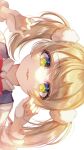  1girl blonde_hair bow bowtie close-up collared_shirt commentary gradient_eyes green_eyes hair_ornament hands_up highres indie_virtual_youtuber long_sleeves looking_at_viewer multicolored_eyes pinapo_25 pom_pom_(clothes) pom_pom_hair_ornament red_bow red_bowtie shigure_ui_(vtuber) shigure_ui_(young)_(vtuber) shirt sideways simple_background solo tongue tongue_out twintails upper_body virtual_youtuber white_background white_shirt 
