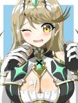  1girl bare_shoulders blonde_hair blush breasts chest_jewel cleavage_cutout clothing_cutout dress elbow_gloves food food_on_body food_on_breasts gloves headpiece highres holding holding_food holding_ice_cream holding_ice_cream_cone ice_cream large_breasts long_hair mythra_(xenoblade) one_eye_closed short_dress skirt sleeveless sleeveless_dress solo swept_bangs taka_p_(zelda27th) turtleneck upper_body very_long_hair white_dress white_gloves white_skirt xenoblade_chronicles_(series) xenoblade_chronicles_2 yellow_eyes 